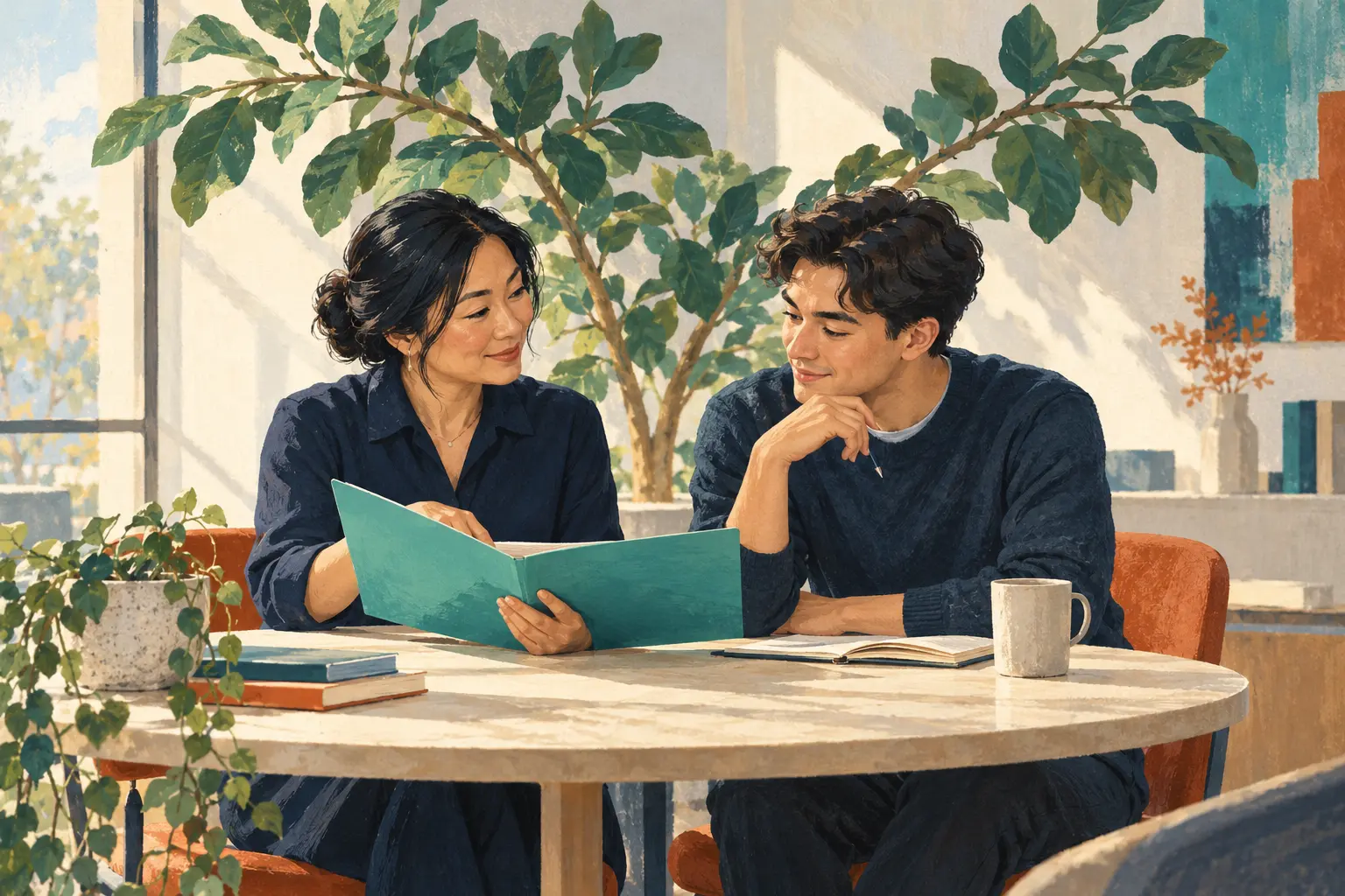 An experienced coordinator mentors a colleague over a teal folder beneath a branching plant.