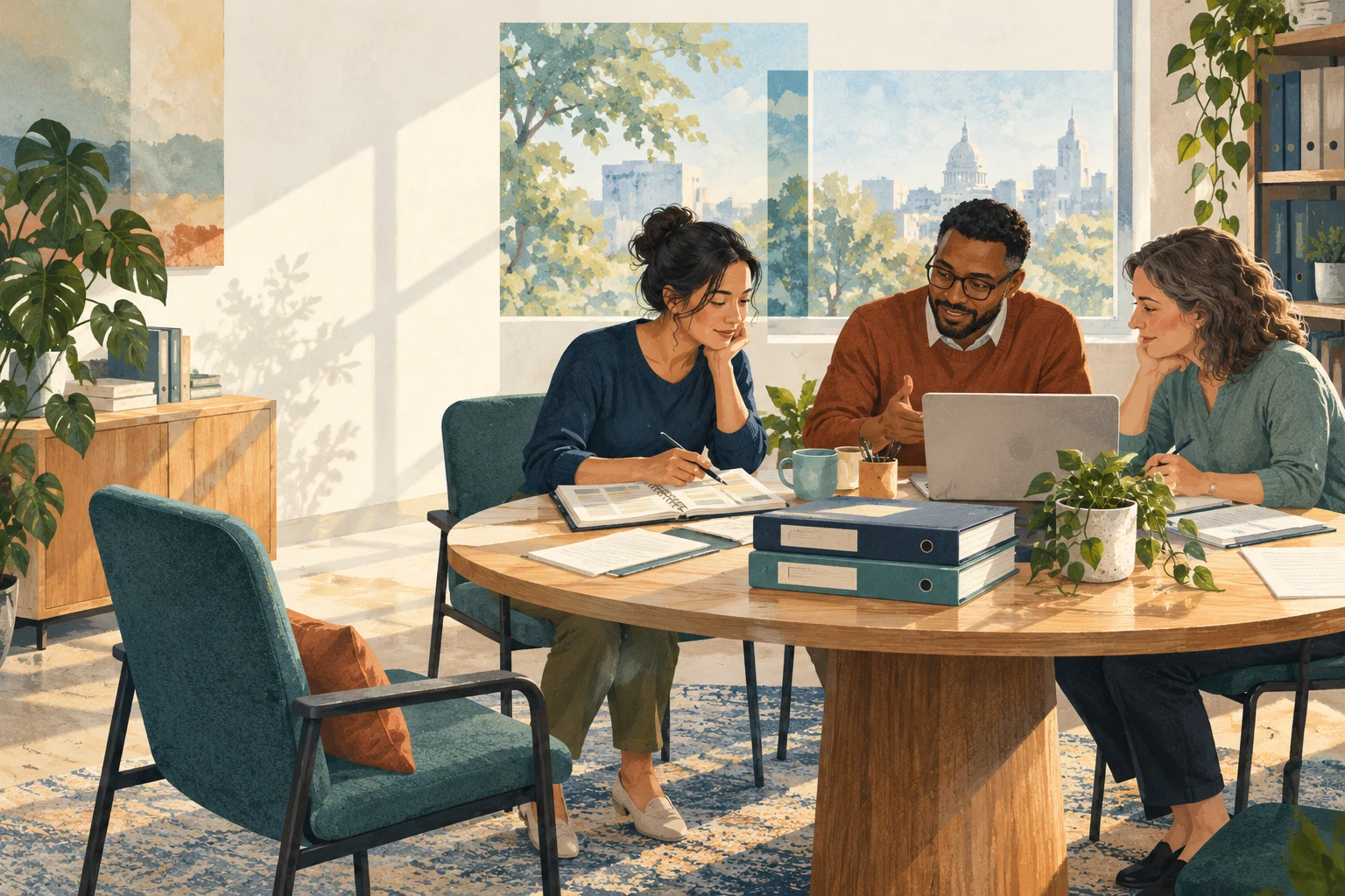Editorial illustration of three colleagues sharing work at a table, with an empty chair in the foreground.