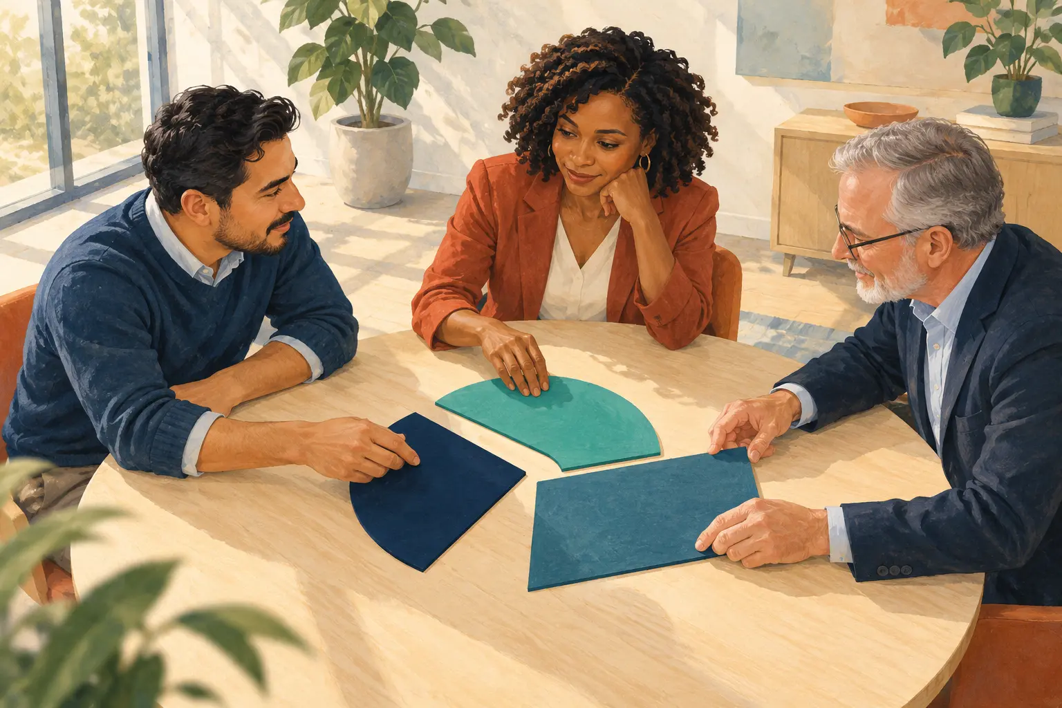 Three colleagues compare views around a shared table in a sunlit meeting room.